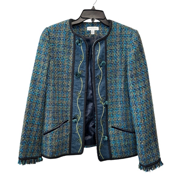 david brooks Jackets & Blazers - Vintage David Brooks Blue Green Tweed Fully Lined Cardigan Jacket Tassels Sz 8